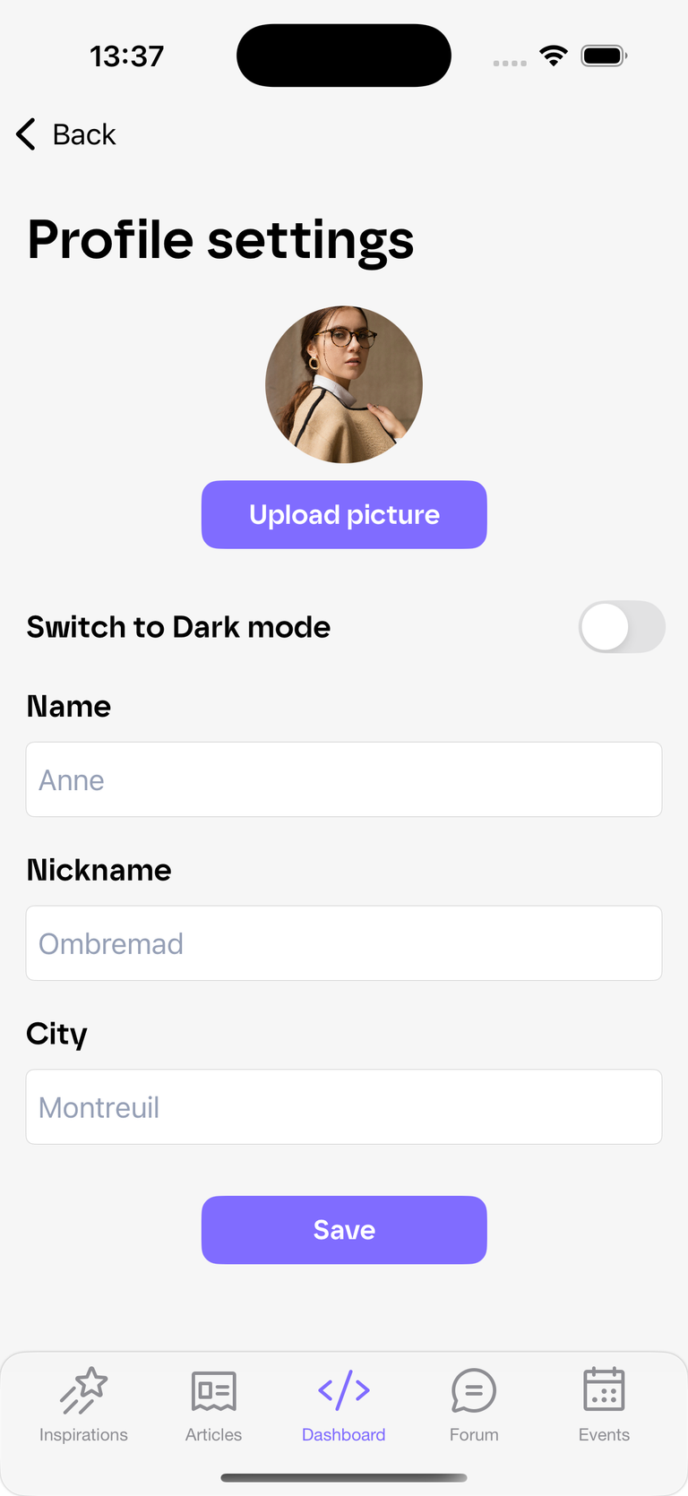 Profile settings page