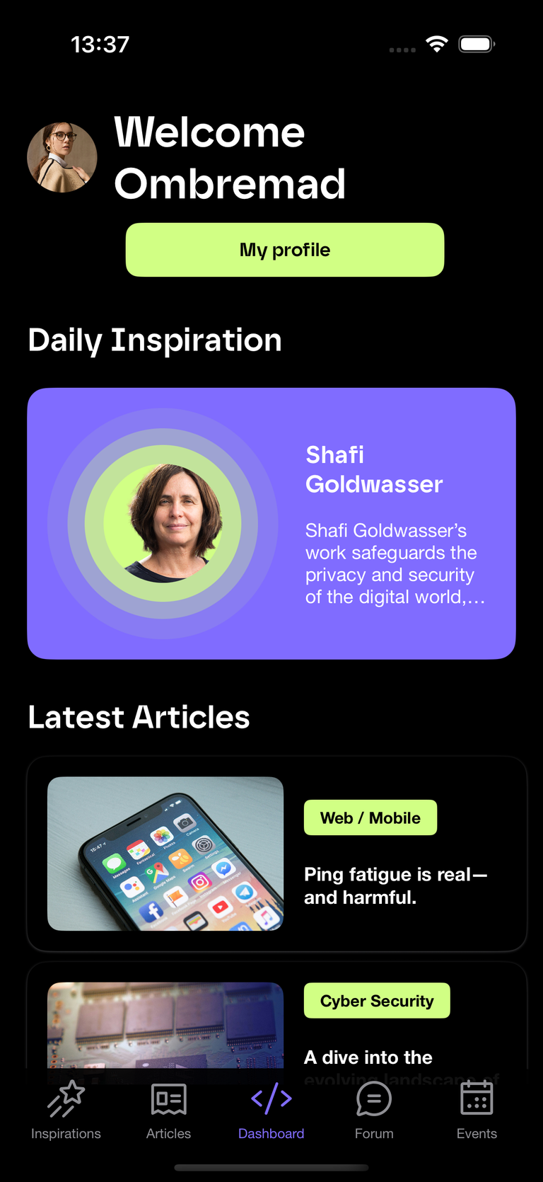 Dashboard in dark mode